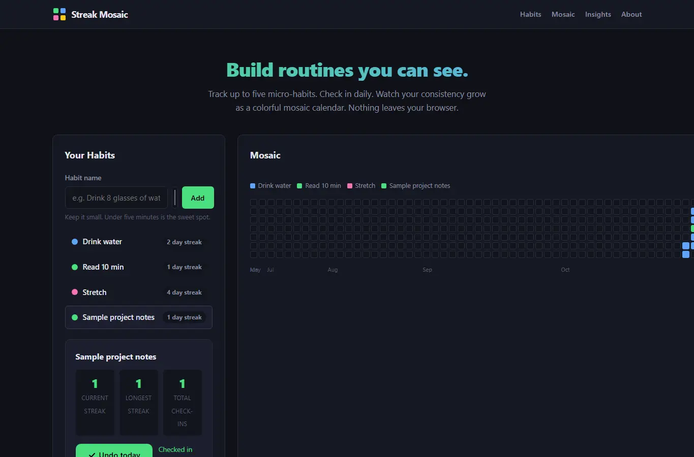 Screenshot of Micro-Habit Streak Mosaic interface showing the project page in use